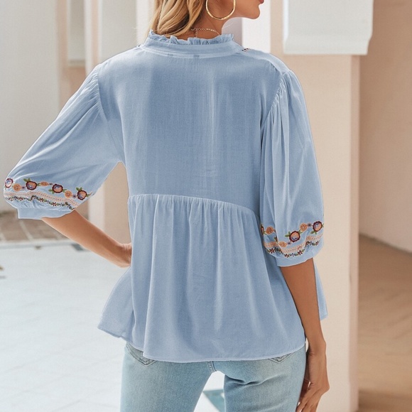 Bohemian White Floral Embroidered Puff Sleeve Top - Picture 7 of 8